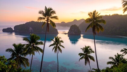 Obraz premium Golden sunset over a tropical paradise beach with palm trees and the endless ocean