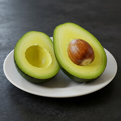 Halved Avocado on White Plate Fresh, Ripe, and Ready to Eat