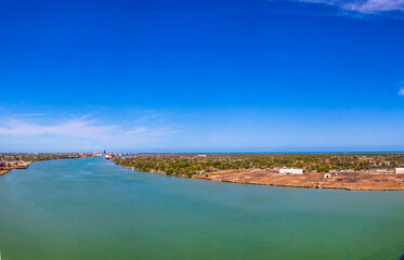 Panuco river in Tampico Tamaulipas, surrounded by the city, and train tracks, industrial zone of...