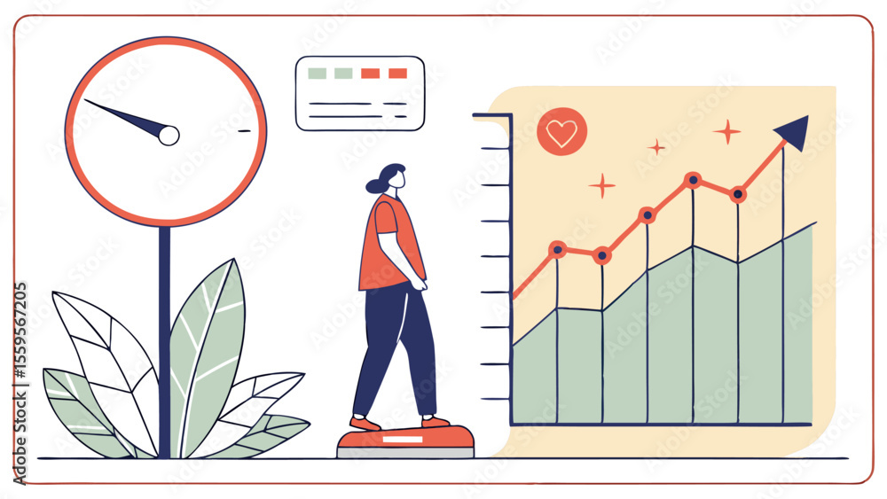 Poster a person stands on a scale next to a gauge and a growth chart indicating positive progress and healt