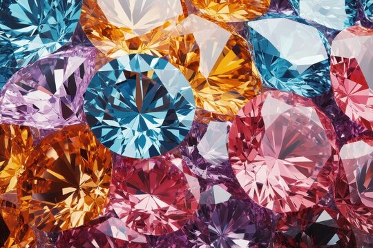 Colorful brilliant cut diamonds glimmer vividly in a captivating display of light and color, Colorful shining brilliant cut diamond rotates 3D render seamless