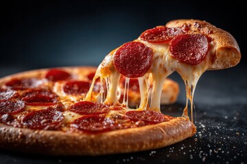 Delicious pepperoni pizza kitchen food photography dark environment close-up culinary delight