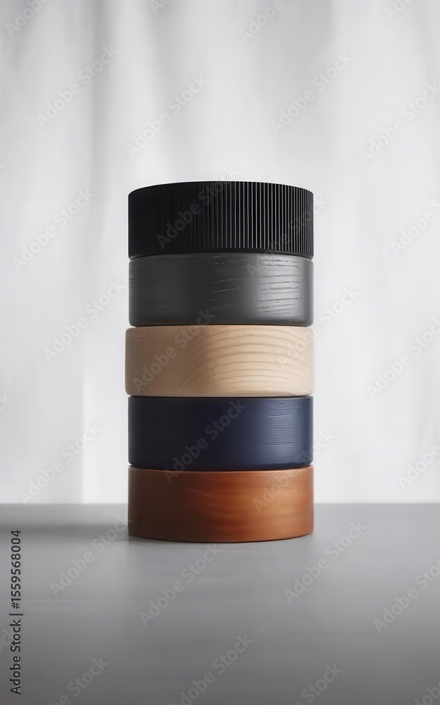 Poster stack of wooden textured minimalist containers against blurred backdrop