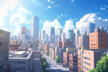 Obraz premium Urban skyline view with anime style in seamless background showcasing vibrant city life and blue skies, Urban Skylines in Anime, seamless ing background