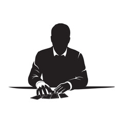 Silhouette of a person with playing cards on a table depicting gamble or game