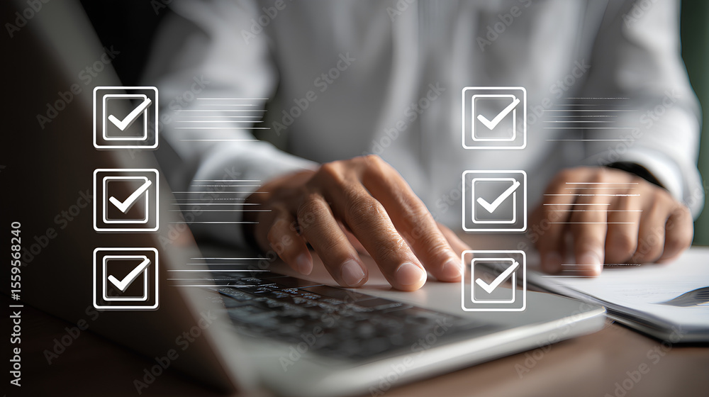 Poster business person working at laptop computer and digital documents with checkbox lists.