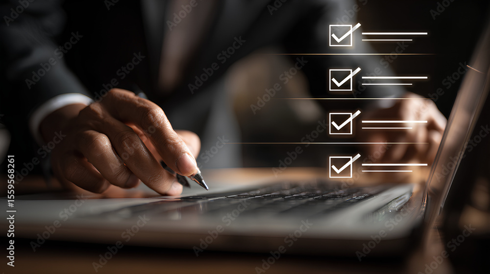 Poster business person working at laptop computer and digital documents with checkbox lists.