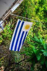 Uruguayan flag waving with green trees in the background at the Uruguayan embassy in Mexico