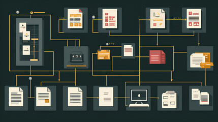 Business process and workflow automation with flowchart. Scheme of hierarchy management of corporate and processing management.