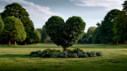 Naklejka premium Heart shaped tree in green park romantic topiary love nature symbol serene landscape viewpoint
