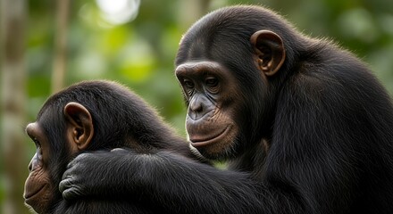 Intimate Embrace Two Bonobo Chimpanzees Huddle Close in Lush Green Forest.