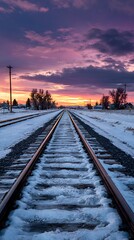 Fototapeta premium High quality photo of snow Covered Railroad Tracks at Sunset.