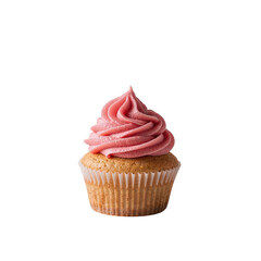 Delicious cupcake with sweet pink frosting against a dark, isolated background, perfect for dessert or celebration-themed designs, transparent background