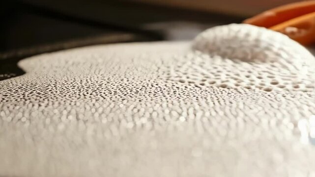A gloved hand cleans a kitchen cooktop with white foam and soapy water