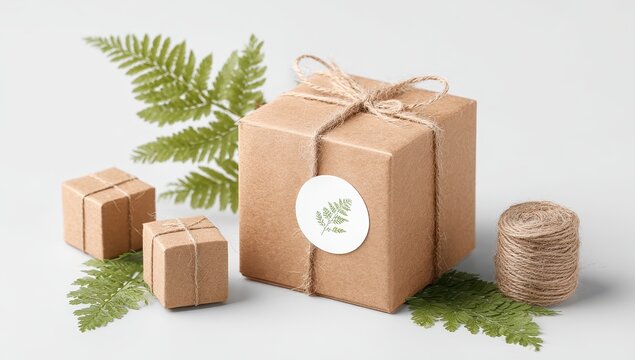 Eco-friendly kraft paper gift boxes with twine, fern, and leaf sticker, on a light grey background