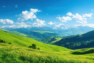 Naklejka premium Majestic snow capped mountains rise above vibrant green valleys and fields under a clear blue sky, Majestic snow capped mountains overlooking lush green valley under clear blue sky Nature concept