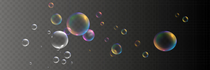 Set of realistic colorful soap bubbles. Transparent realistic soap bubbles isolated on transparent background.