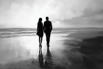 Young couple walking along the beach while engaged in conversation during a cloudy day, Young couple talking, walking along the beach, pointing at something Cinematico