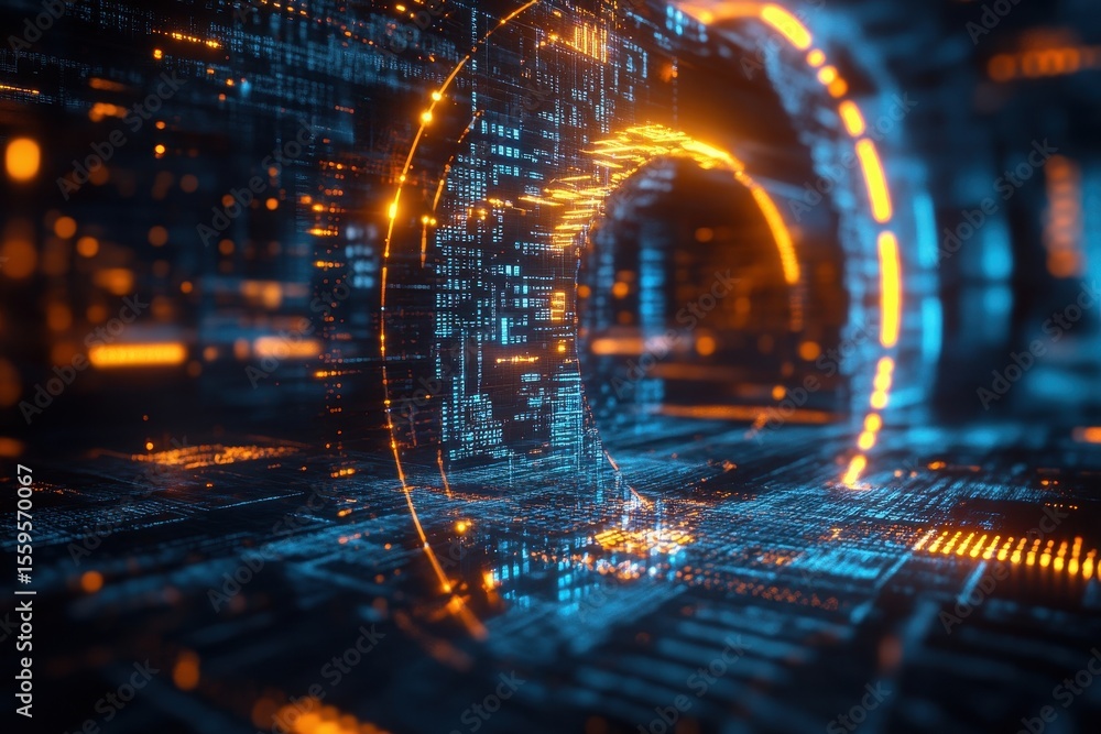 Poster futuristic digital landscape featuring bitcoin symbol with glowing codes and blocks, bitcoin symbol 
