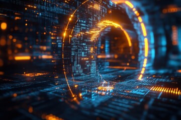 Futuristic digital landscape featuring Bitcoin symbol with glowing codes and blocks, Bitcoin symbol of computer code Futuristic blockchain technology design