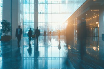 Business team bustling in modern lobby area throughout the day, Time lapse of business team in lobby area of modern office building