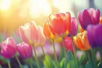 Vibrant tulips bloom in spring sunlight, showcasing colors in a lively garden setting, tulips flower in spring season Photo in background for live wallpaper