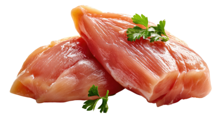 Freshly Cut Chicken Breast: Close-up shot of two raw chicken breast fillets, artistically arranged with sprigs of vibrant parsley, a testament to culinary potential and fresh ingredients.