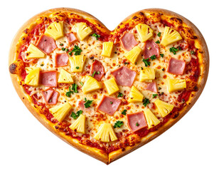 Heart Shaped Hawaiian Pizza with Ham and Pineapple Chunks, isolated on a transparent background