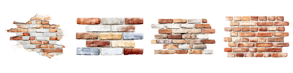 Obraz premium Rustic Brick Wall Textures: Watercolor on White Background
