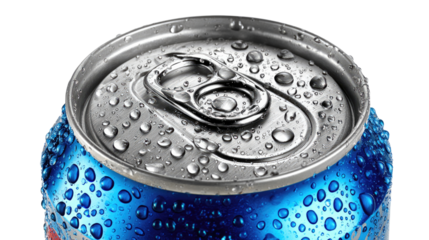 Refreshing Soda Can: A blue can of soda, glistening with condensation drops, invites with its promise of cool refreshment.