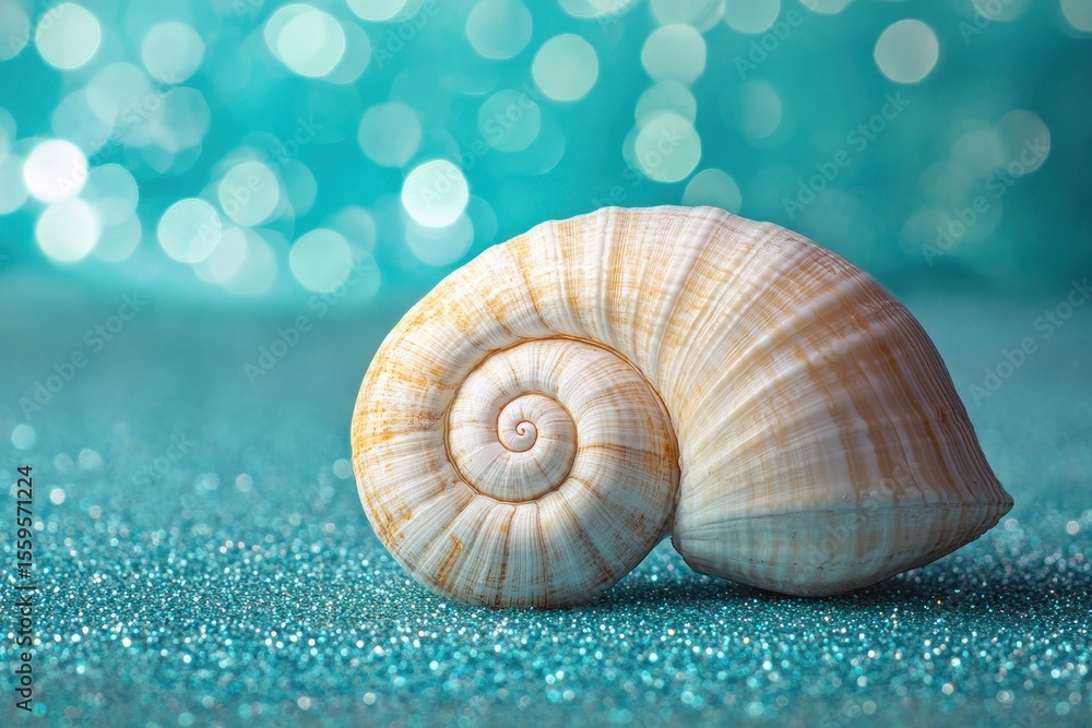 Poster spiral seashell resting on a sparkling turquoise glitter background in soft light, spiral seashell o