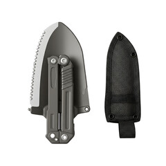Foldable Mini Shovel with Serrated Edge and Nylon Sheath Beside – Top-Down Rugged Gear View – Transparent Background
