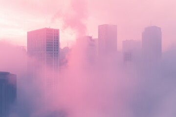 Fototapeta premium Urban skyline obscured by thick smog at dawn with pink hues illuminating tall buildings, urban environment with thick smog, Seamless ing Photo background