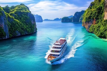 Tourist boat navigating turquoise waters near limestone cliffs in Phuket island Thailand, Phuket island Thailand Tourist boat aerial top view