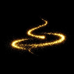 Animation of gold glitter light trail spiral with magic swirl path on black background
