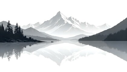 Vector illustration of mountains reflecting in a still lake.