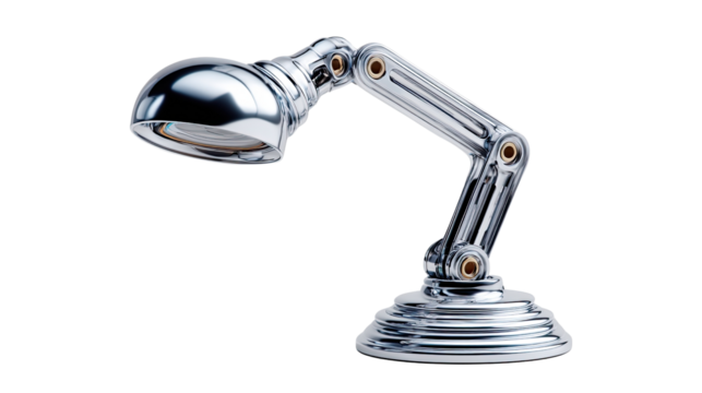 Modern Desk Lamp: A sleek, chrome desk lamp, designed with adjustable joints and a dome-shaped head, casts a bright, focused light. Capturing functionality, and industrial design