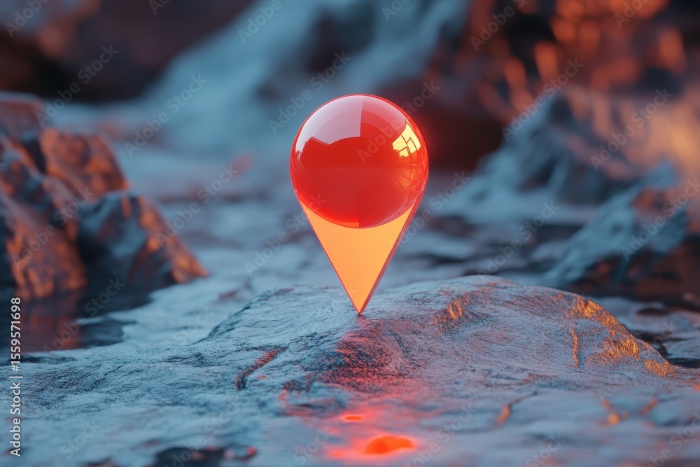 Poster red location pin marker floating on a rocky surface reflecting light at sunset, red location pin map