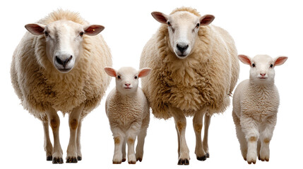 Fototapeta premium Sheep Family Portrait: Two adult sheep and two lambs stand together, creating a heartwarming family portrait against a seamless white background. The image conveys a sense of serenity and domesticity.