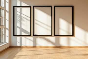 Obraz premium Three large empty frames on a sunlit wall in a bright indoor space, Three large empty frames hang on bright, sunlit wall in modern room with wooden floors