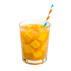 Delicious tropical mango juice with gorgeous diced fruit pieces, a striped paper straw on a clean white background, close-up, cut out, clipping path