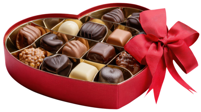 Sweet Heart's Delight: A heart-shaped box filled with assorted chocolates and a red bow, a visual delight for indulgence and gifting. - Powered by Adobe