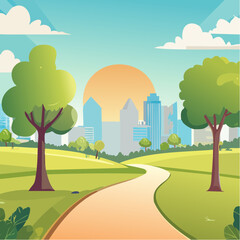 Obraz premium vector landscape with a walking path through a park, trees, and sunlight, promoting outdoor activity and wellness