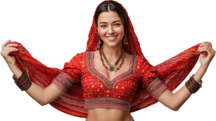 Enchanting Bollywood Dancer: A captivating portrait of a woman, radiating joy in traditional attire, her vibrant red scarf dancing with a smile, embodying the essence of Indian culture and beauty.