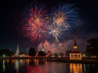 Fototapeta premium Generic Town Fireworks Long Exposure: Church Spire & Gazebo Silhouettes, Red/White/Blue Light Trails Reflected on Lake (No Recognizable Landmarks)
