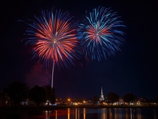 Fototapeta premium Generic Town Fireworks Long Exposure: Church Spire & Gazebo Silhouettes, Red/White/Blue Light Trails Reflected on Lake (No Recognizable Landmarks)