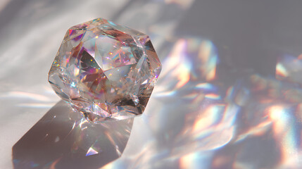 crystal sparkle with diamond beam and glowing glass crystal shine, iridescent light and glitter prism crystal effects in white background with magic reflection 