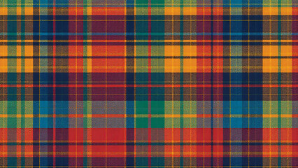A vibrant, eclectic tartan with colorful intersecting stripes in blue, red, green, yellow and textured fabric look, symbolizing diversity and artistic creativity.