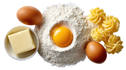 Culinary Creations: An inviting array of fresh ingredients, including flour, eggs, butter, and pasta, artfully arranged for a delightful visual.