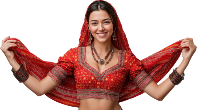 Enchanting Bollywood Dancer: A captivating portrait of a woman, radiating joy in traditional attire, her vibrant red scarf dancing with a smile, embodying the essence of Indian culture and beauty.